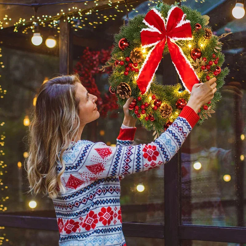 LED Christmas Wreath with Large Red Bow and Colored Balls
