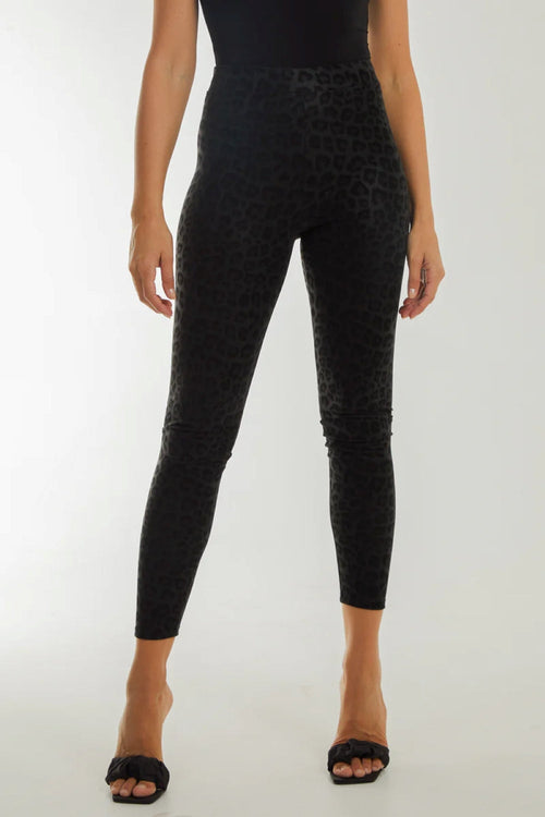 Black Leopard Print Leather Look Leggings-0