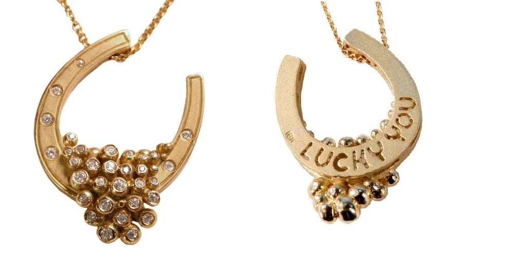 "Lucky You" Equestrian Horseshoe Necklace. 14K Gold. Half filled with Diamonds