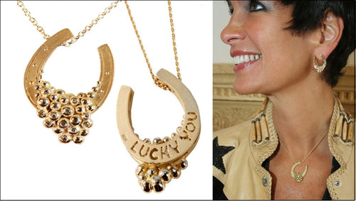 "Lucky You" Equestrian Horseshoe Necklace. 14K Gold. Half filled with Diamonds