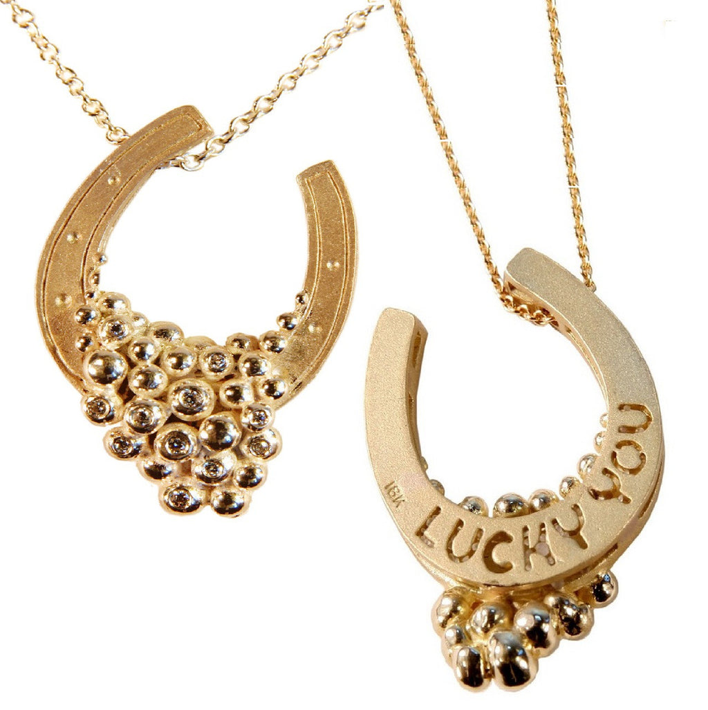 "Lucky You" Equestrian Horseshoe Necklace. 14K Gold. Half filled with Diamonds