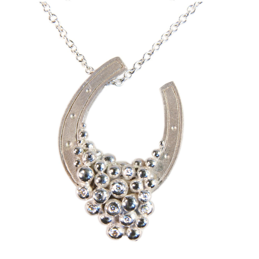 "Lucky You" Equestrian Horseshoe Necklace. 14K Gold. Half filled with Diamonds
