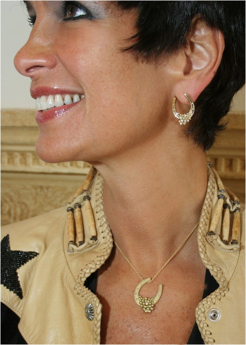 "Lucky You" Equestrian Horseshoe Necklace. 14K Gold. Half filled with Diamonds