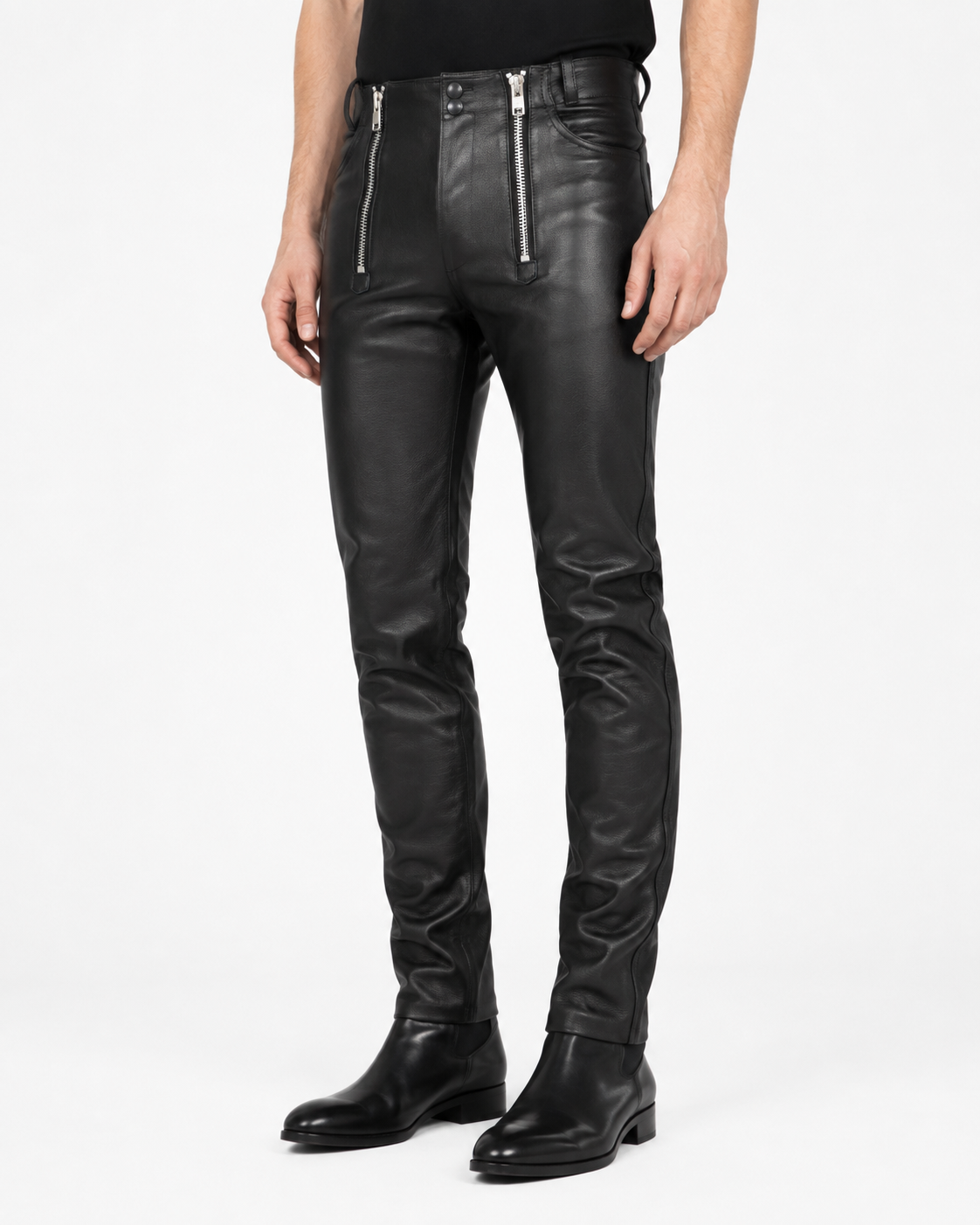 Men’s Black Leather Double Zip Pants – Biker Leather Trousers