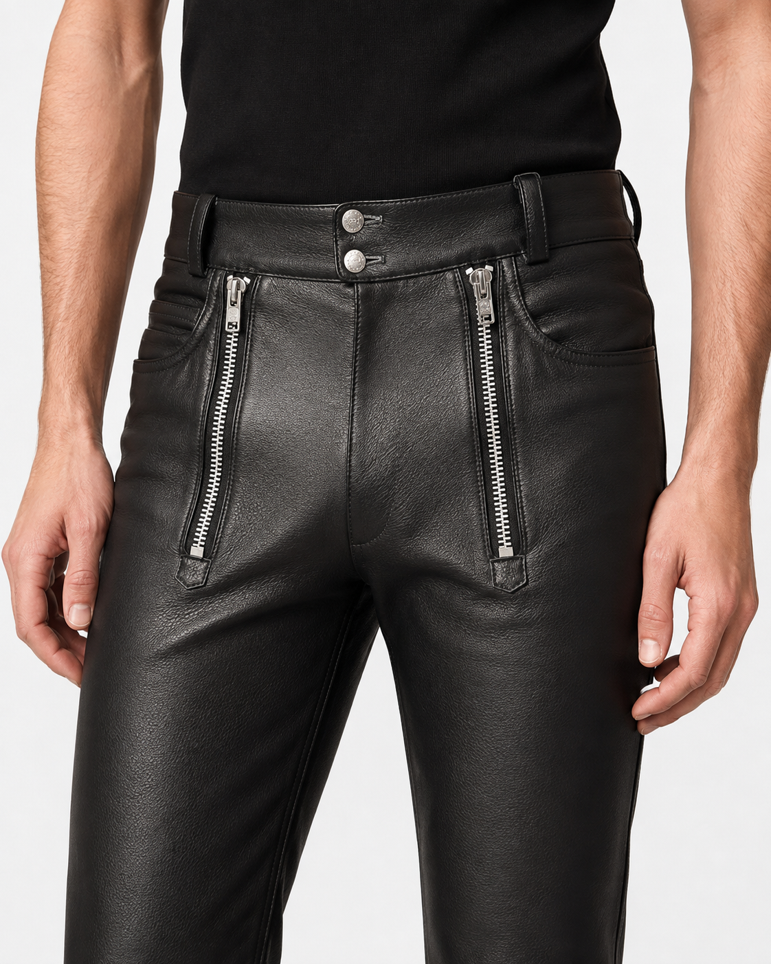 Men’s Black Leather Double Zip Pants – Biker Leather Trousers