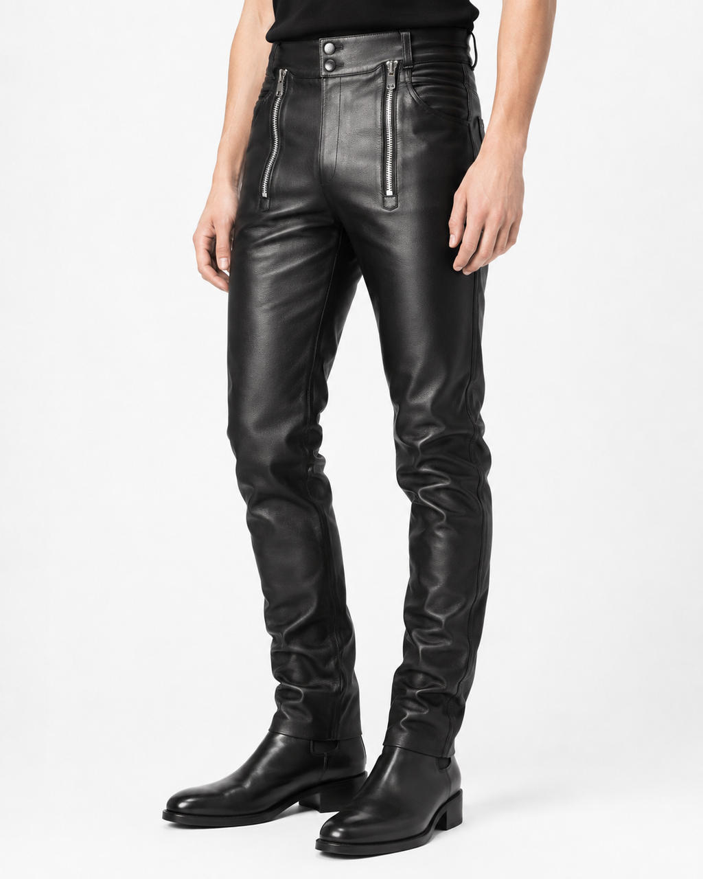Men’s Black Leather Double Zip Pants – Biker Leather Trousers