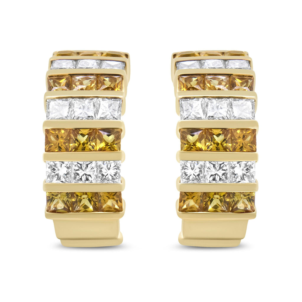 18K Yellow Gold 1 3/4 Cttw Invisible Set Princess Cut Diamond and 2.5mm Yellow Sapphire Huggie Hoop Earrings (F-G Color, VS1-VS2 Clarity)