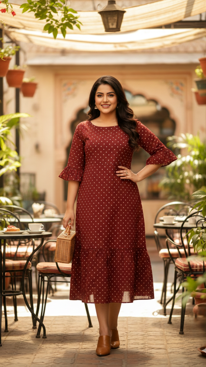 Maroon Polka Tiered Maxi Dress-0