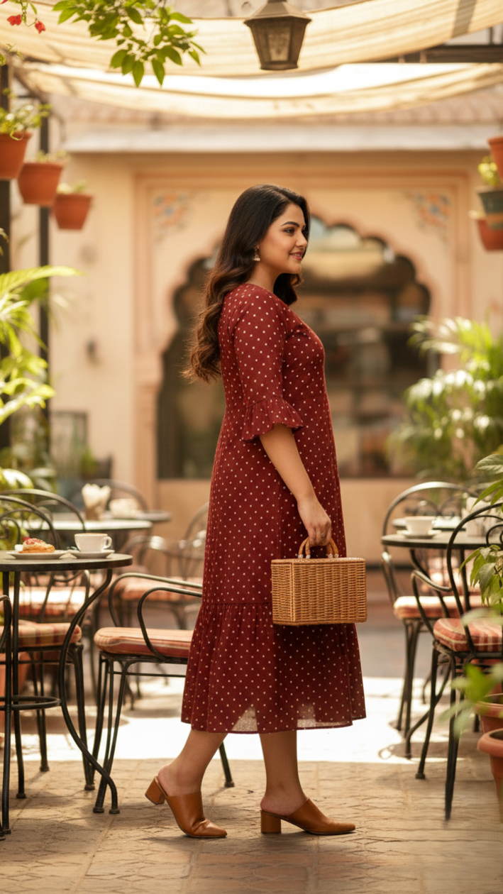 Maroon Polka Tiered Maxi Dress-2