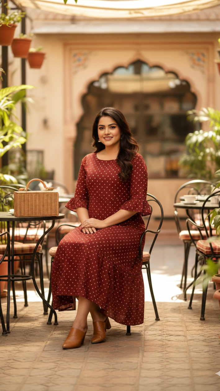 Maroon Polka Tiered Maxi Dress-4