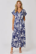 Royal Blue Tropical Print Tie Waist Maxi Dress-0
