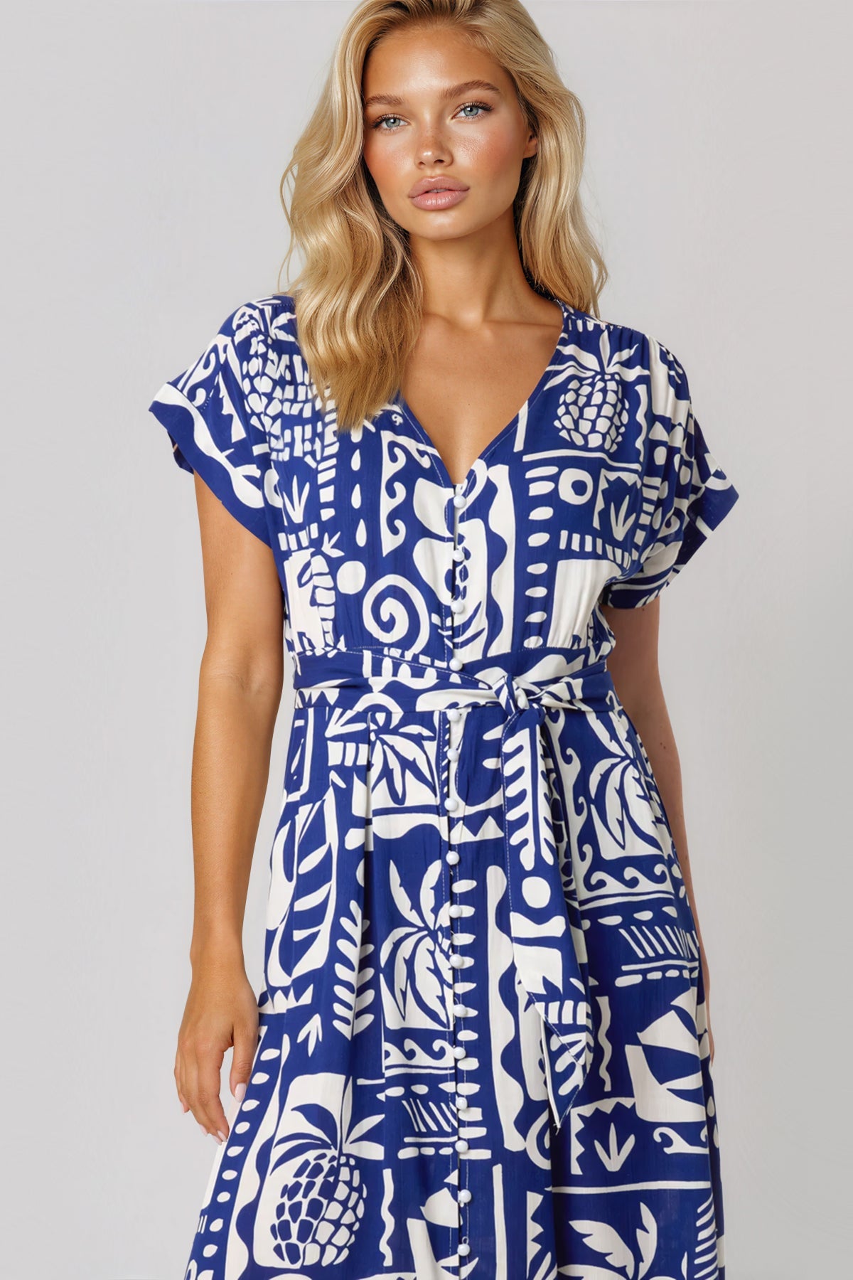 Royal Blue Tropical Print Tie Waist Maxi Dress-1