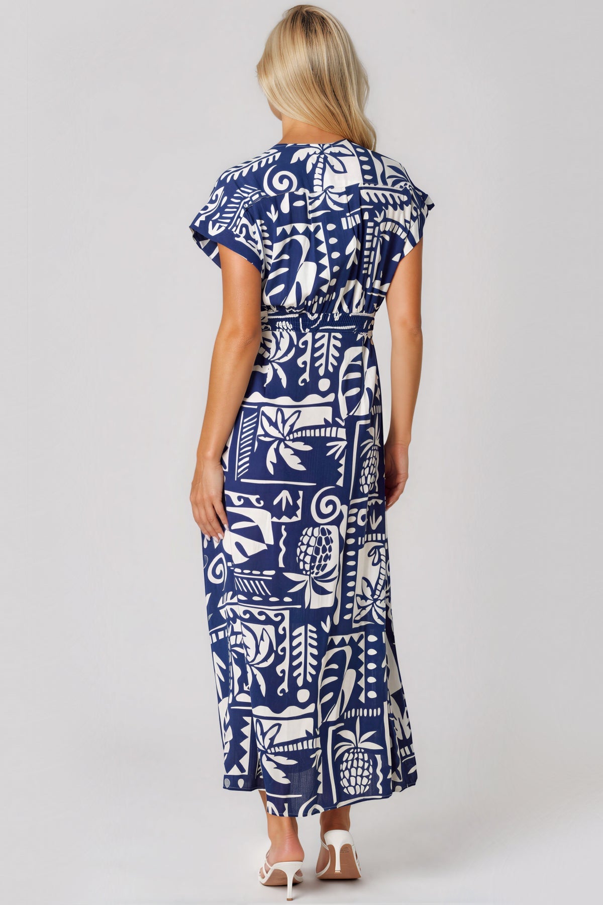 Royal Blue Tropical Print Tie Waist Maxi Dress-2