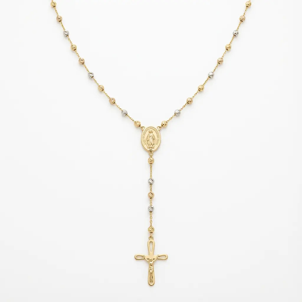 Tricolor Rosary-Style Gold Necklace