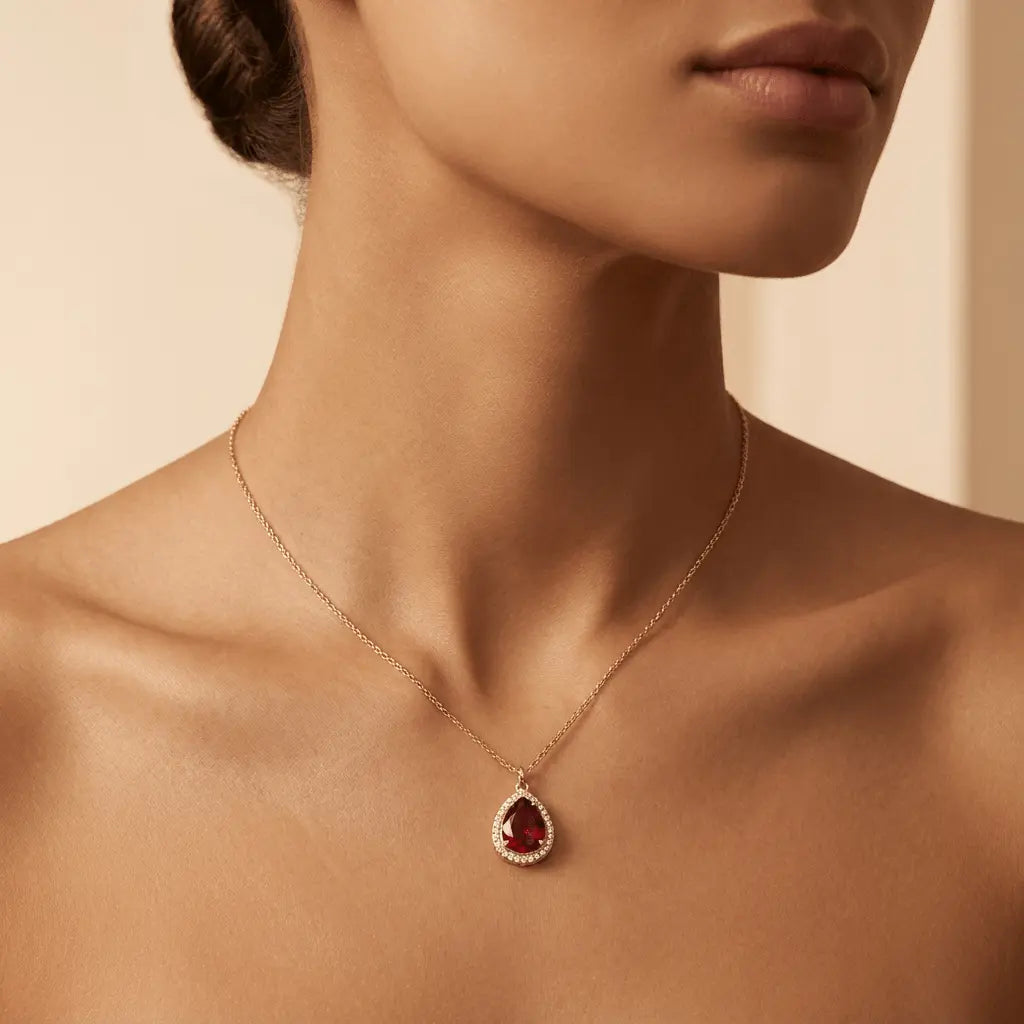 Ruby Glow Teardrop Gold Necklace