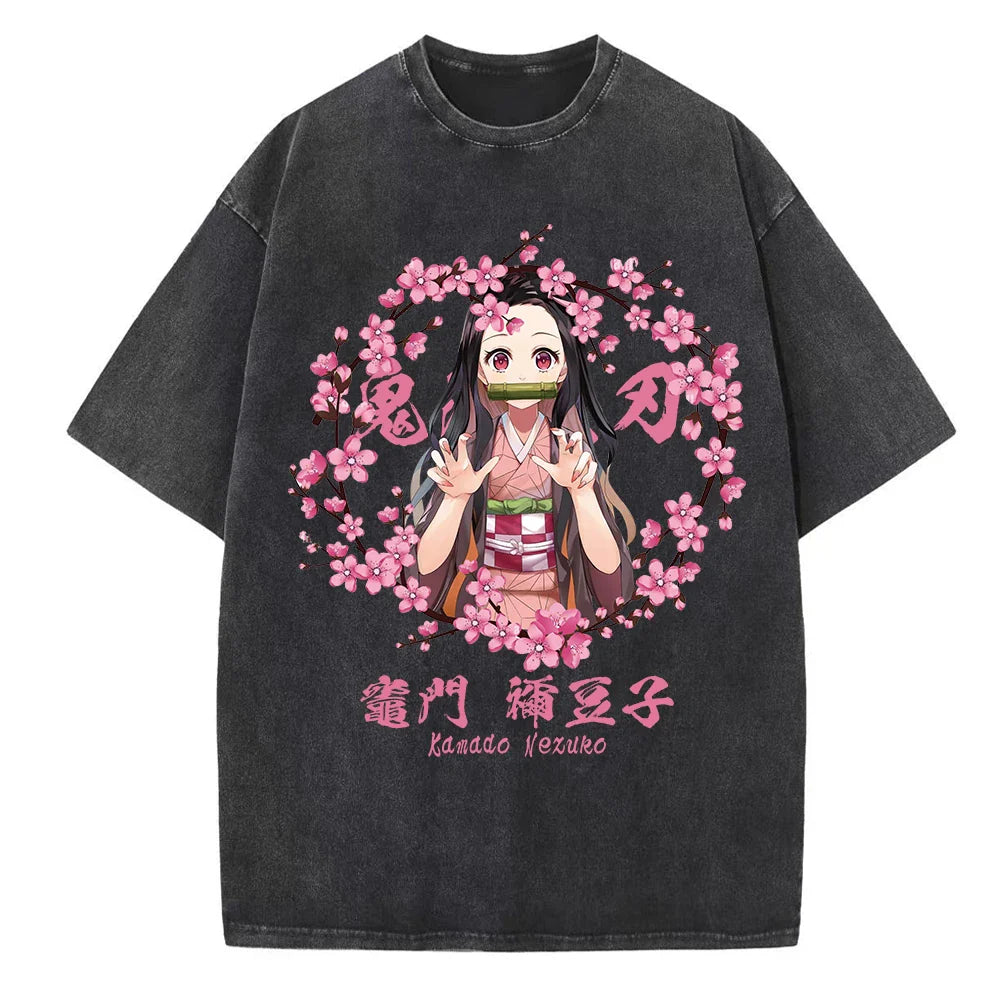 Harajuku Anime Demon Slayer Kamado Nezuko Wash T Shirt Men Women Short Sleeve Casual Graphic Tee-2