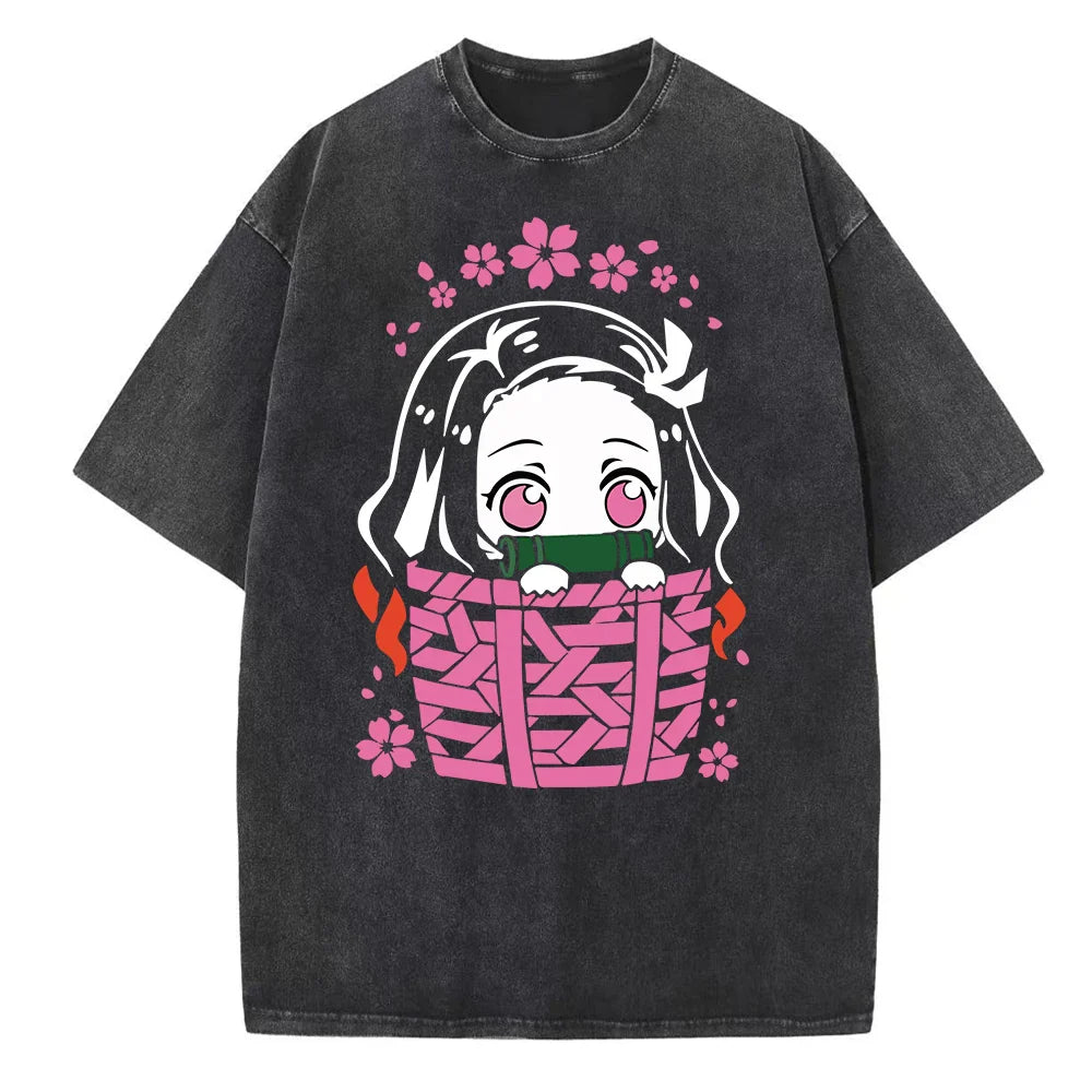 Harajuku Anime Demon Slayer Kamado Nezuko Wash T Shirt Men Women Short Sleeve Casual Graphic Tee-3
