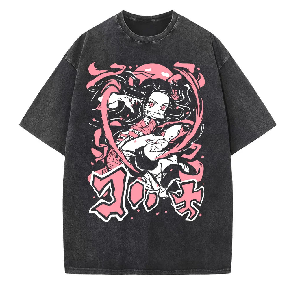 Harajuku Anime Demon Slayer Kamado Nezuko Wash T Shirt Men Women Short Sleeve Casual Graphic Tee-0