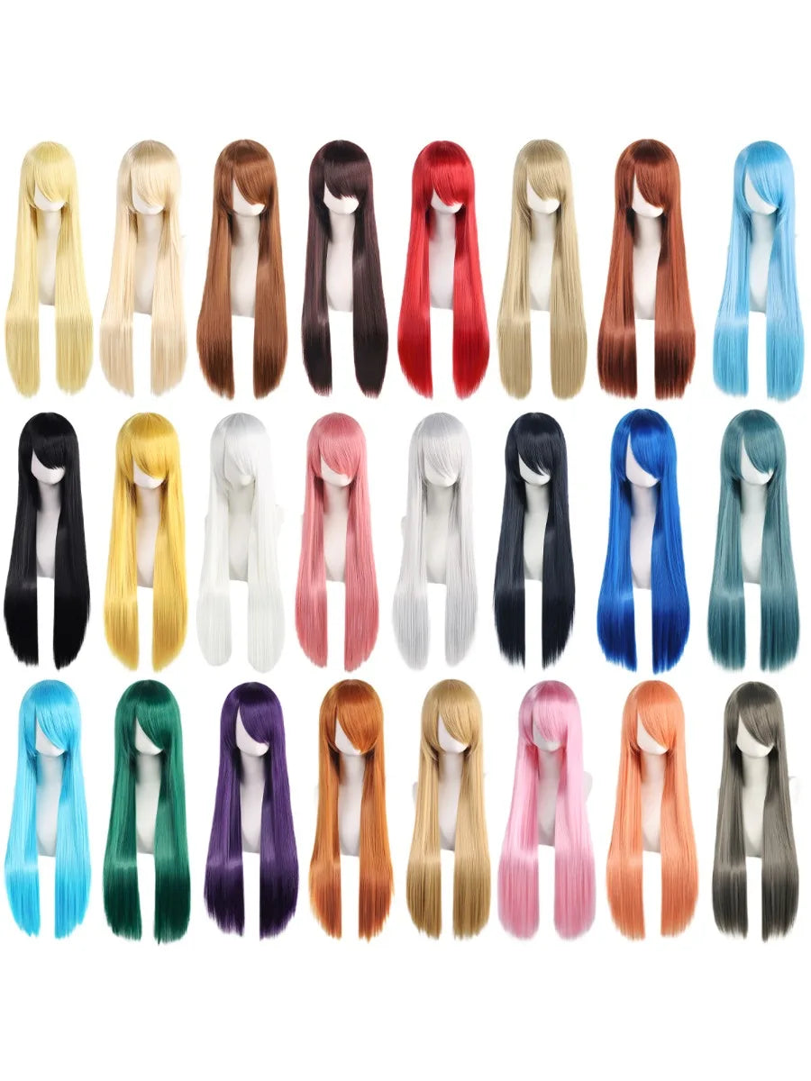 80cm Long Synthetic White Purple Cosplay Wigs Green Hair Straight Silver Wig Pink Hairpiece Lolita Wig with Bangs