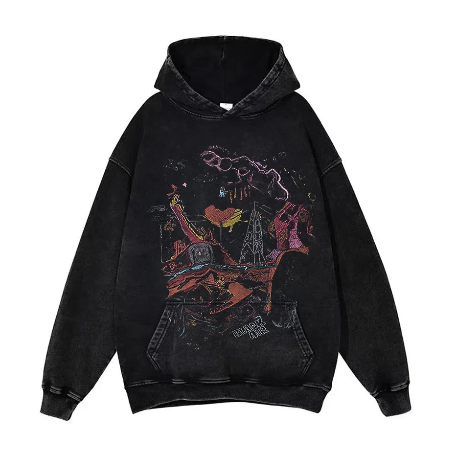 Anime Pain Graphic Hoodie Men's Retro Washed Harajuku Streetwear-19