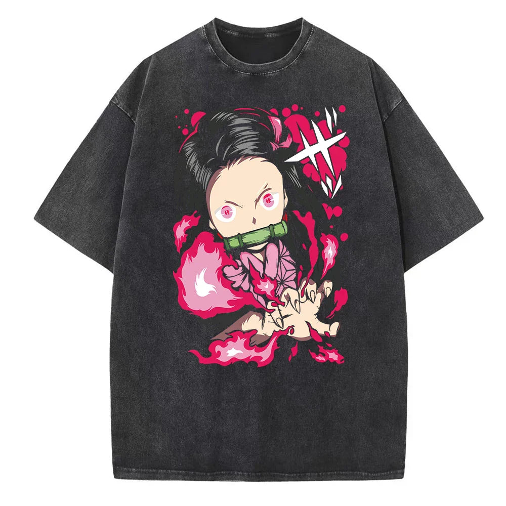 Harajuku Anime Demon Slayer Kamado Nezuko Wash T Shirt Men Women Short Sleeve Casual Graphic Tee-1