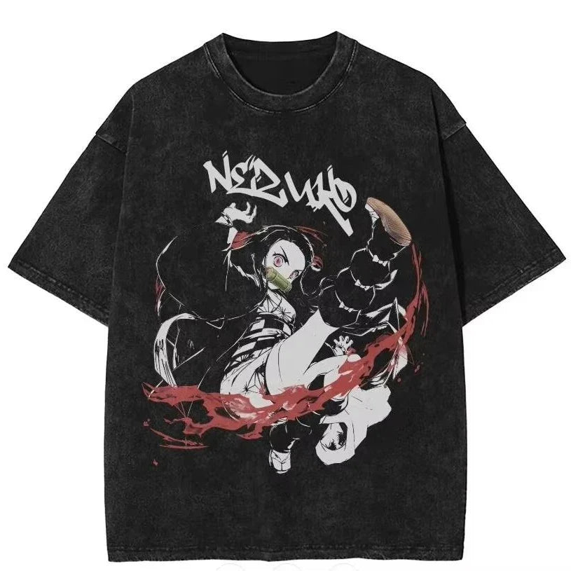 Harajuku Anime Demon Slayer Kamado Nezuko Wash T Shirt Men Women Short Sleeve Casual Graphic Tee-4
