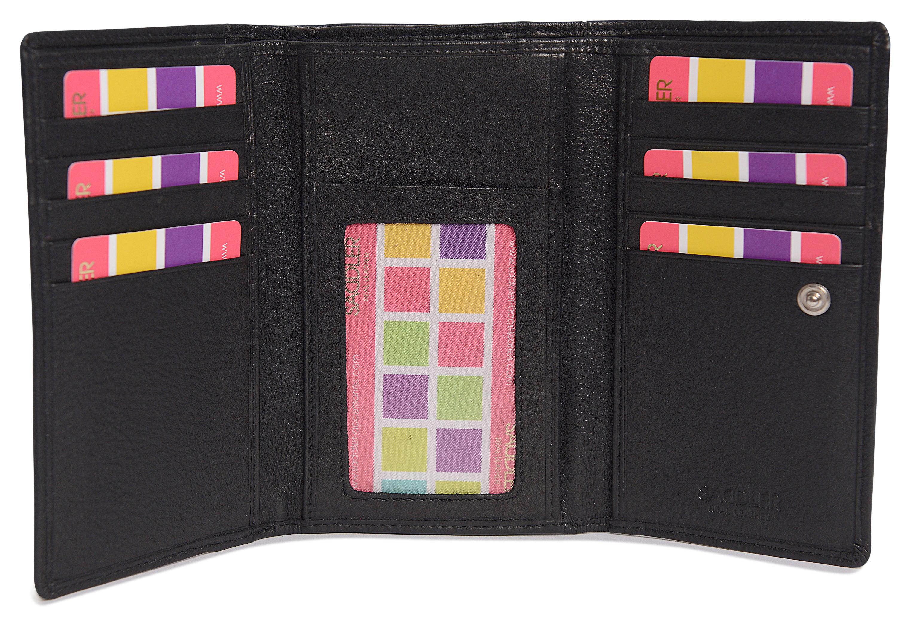 SADDLER PAULA Handmade Leather Trifold Purse – RFID Protected | 8 Card Slots, ID Window & Rear Zip Pocket | Gift Boxed