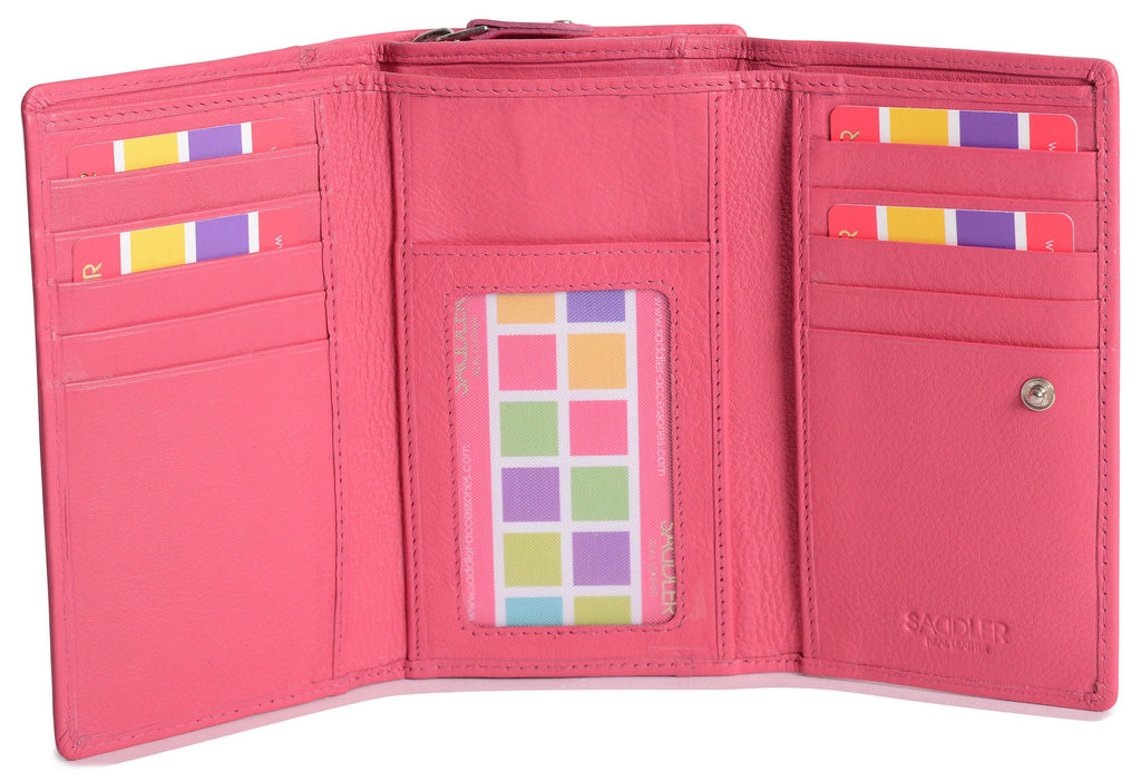 SADDLER PAULA Handmade Leather Trifold Purse – RFID Protected | 8 Card Slots, ID Window & Rear Zip Pocket | Gift Boxed