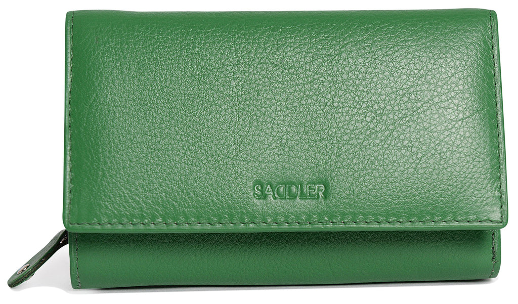 SADDLER PAULA Handmade Leather Trifold Purse – RFID Protected | 8 Card Slots, ID Window & Rear Zip Pocket | Gift Boxed