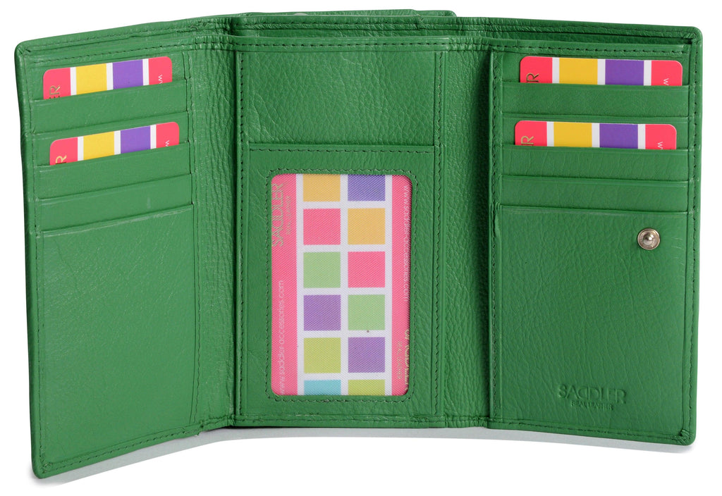 SADDLER PAULA Handmade Leather Trifold Purse – RFID Protected | 8 Card Slots, ID Window & Rear Zip Pocket | Gift Boxed