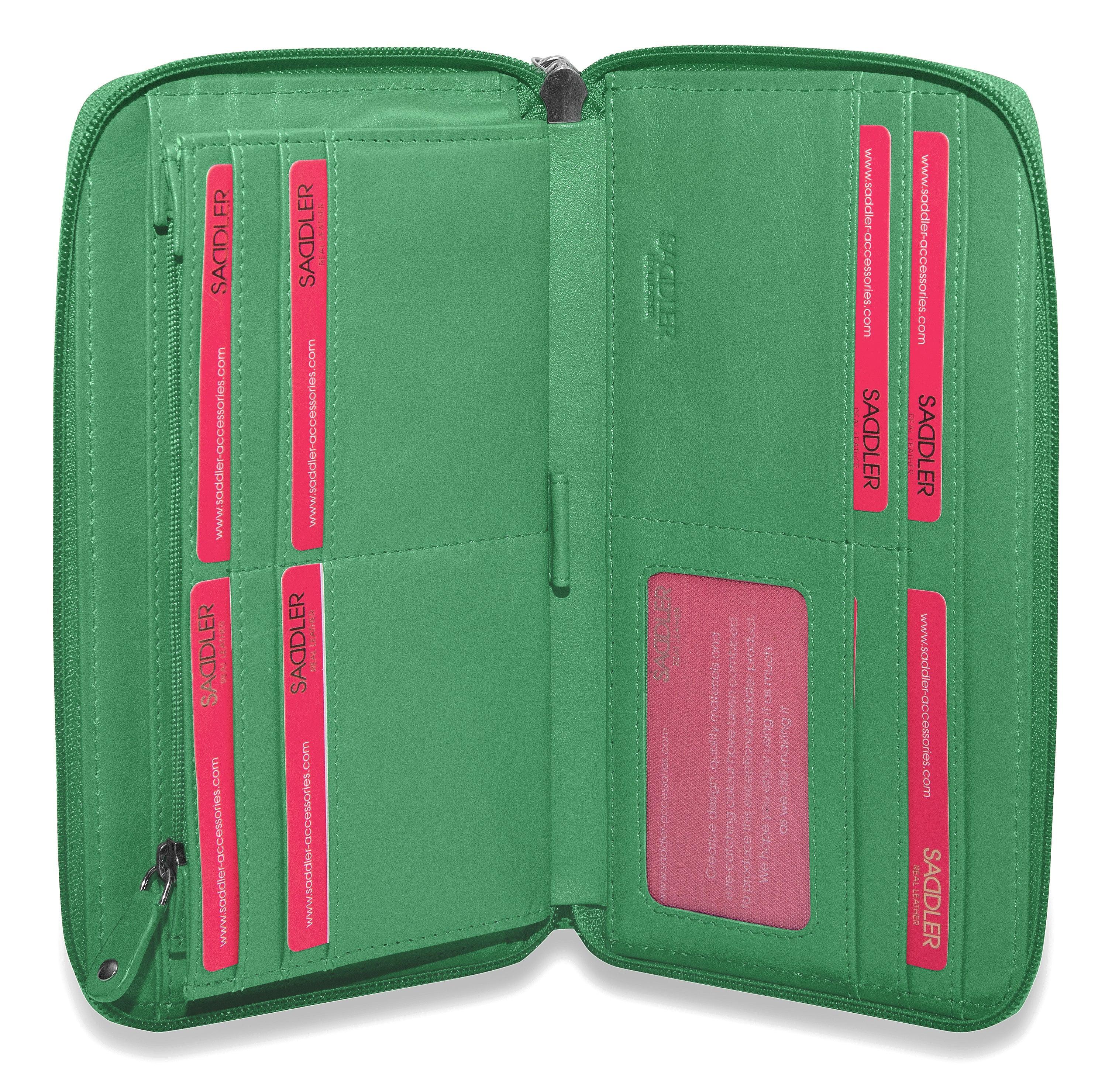 SADDLER SOPHIA Leather Zip Around Purse  - 15 Card slots, Mobile Phone Pocket,  Detachable Wrist Strap- RFID Protected