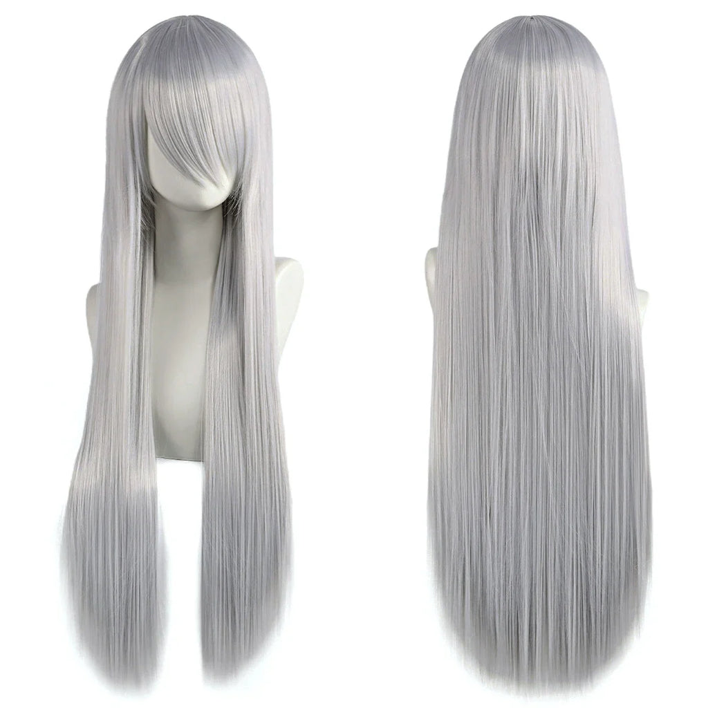 80cm Long Synthetic White Purple Cosplay Wigs Green Hair Straight Silver Wig Pink Hairpiece Lolita Wig with Bangs
