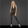See Through Leopard Flock Halter Catsuit Noir Handmade-0