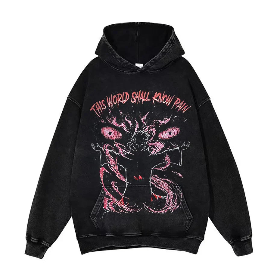 Anime Pain Graphic Hoodie Men's Retro Washed Harajuku Streetwear-11