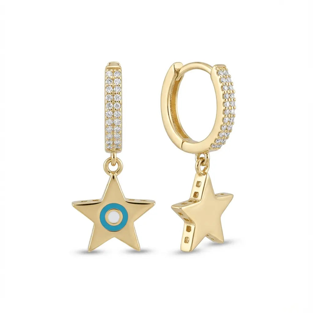 14K Gold Star Charm Hoop Earrings with Turquoise Detail