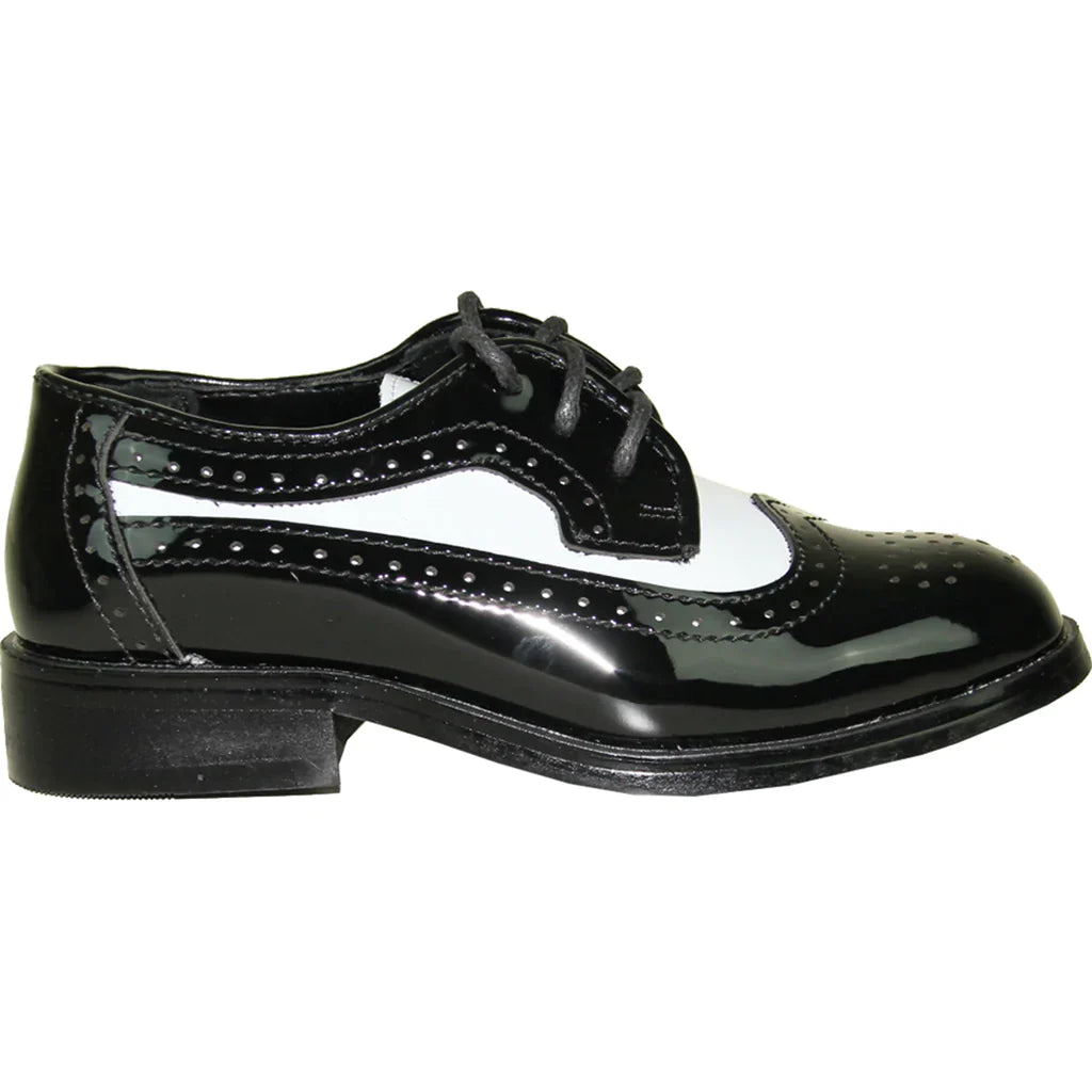 VANGELO Boy Dress Shoe TAB-3KID Oxford Formal Tuxedo for Prom & Wedding Black/White Patent Two Tone-3