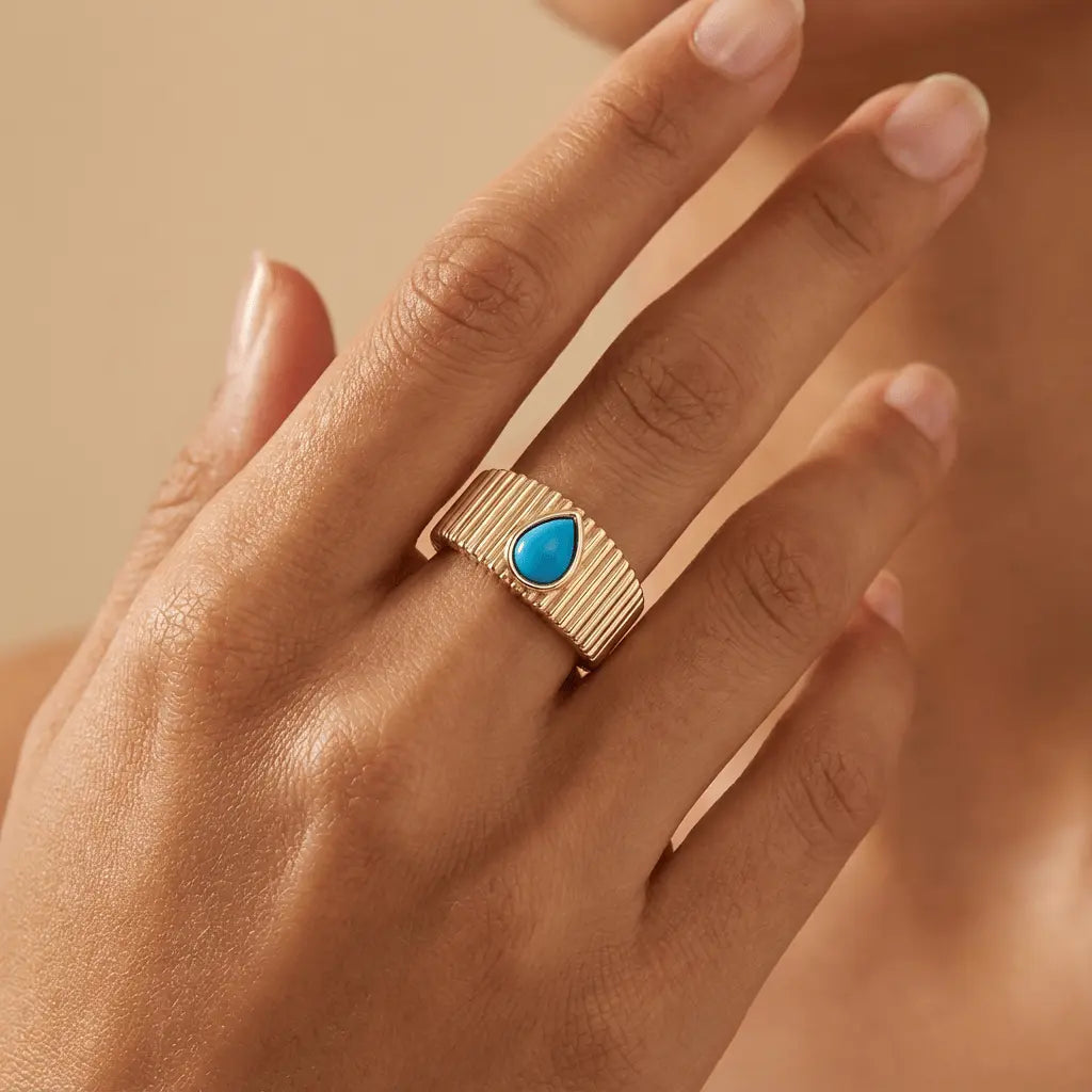 Turquoise Drop Textured Gold Band