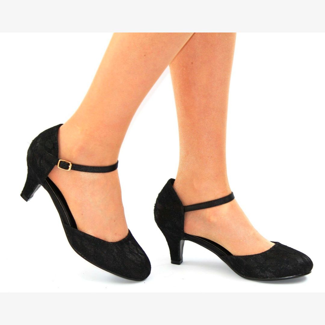 LADIES LACE EMBELLISHED LOW HEEL ANKLE STRAP FULL TOE SHOES WEDDING