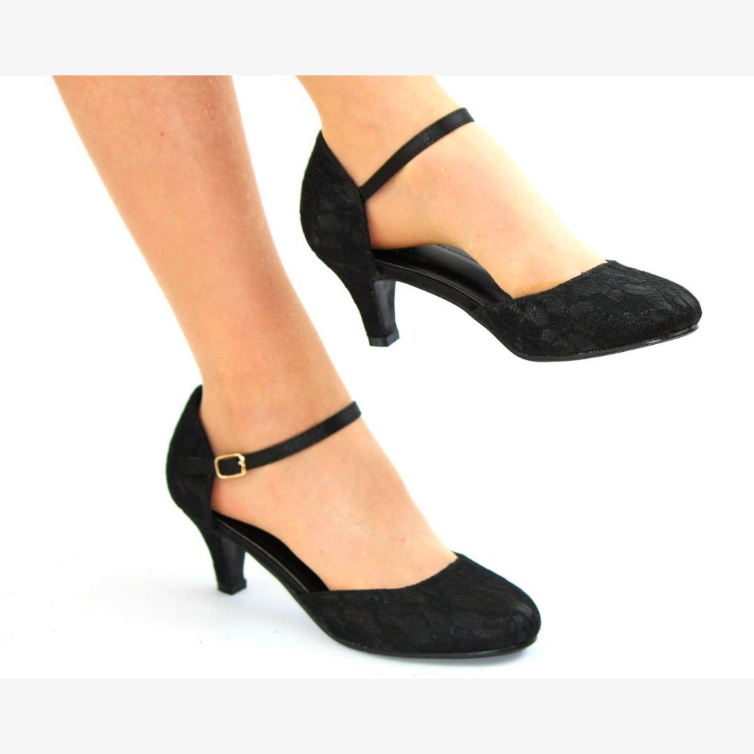 LADIES LACE EMBELLISHED LOW HEEL ANKLE STRAP FULL TOE SHOES WEDDING