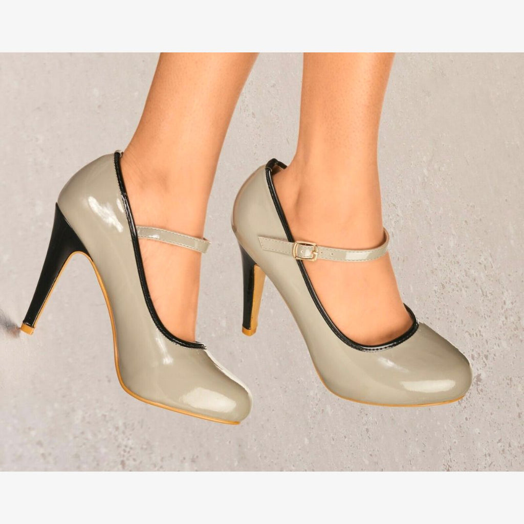LADIES HIGH HEEL GLOSSY MARY JANE COURT SHOES PUMPS CLASSY OFFICE WORK EVENINGS