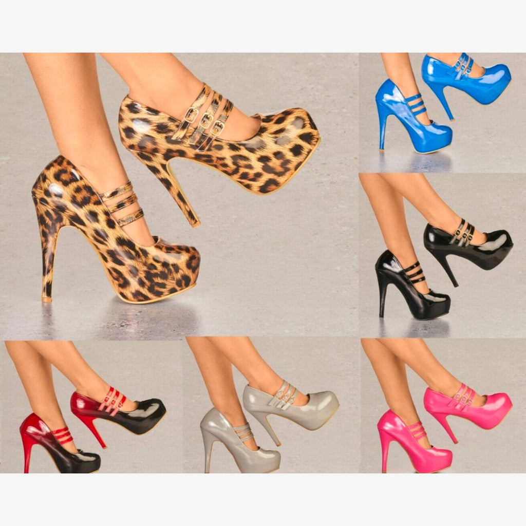 LADIES GLOSSY PLATFORM HIGH HEEL BUCKLE STRAPPY EVENING PARTY COURT SHOES