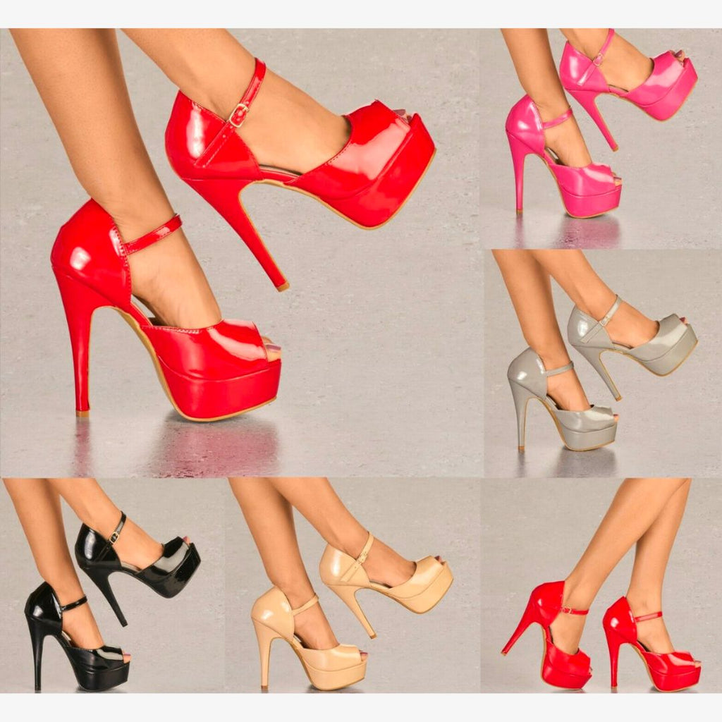 LADIES GLOSSY PLATFORM KILLER HIGH HEEL ANKLE STRAP PEEP TOE EVENING PARTY SHOES