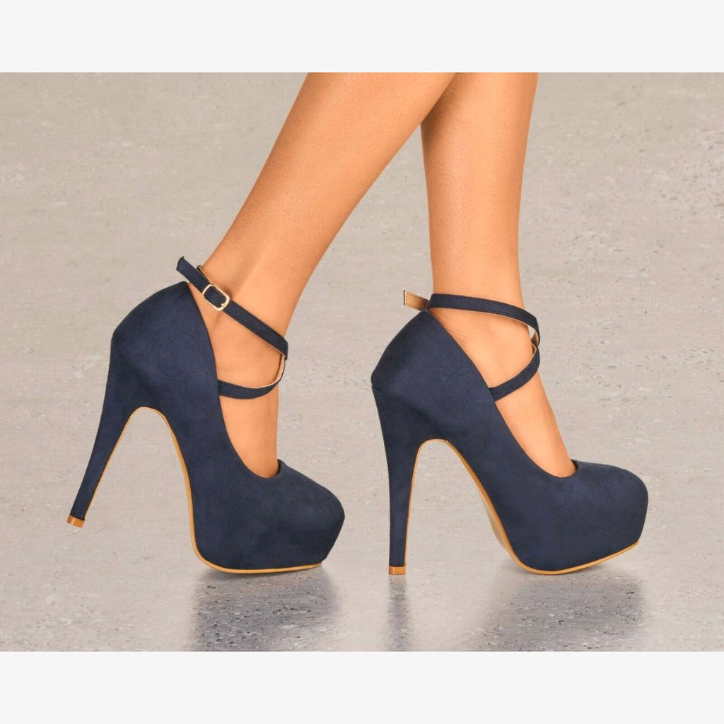 LADIES SUEDE PLATFORM HIGH HEELS CROSS STRAP STRAPPY EVENING PARTY SHOES