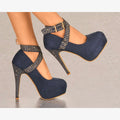 LADIES SUEDE PLATFORM HIGH HEELS DIAMANTE STUD ANKLE STRAP STRAPPY PARTY SHOES