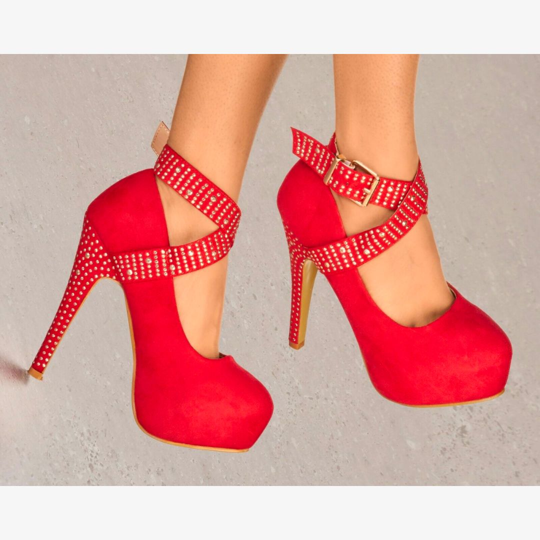 LADIES SUEDE PLATFORM HIGH HEELS DIAMANTE STUD ANKLE STRAP STRAPPY PARTY SHOES