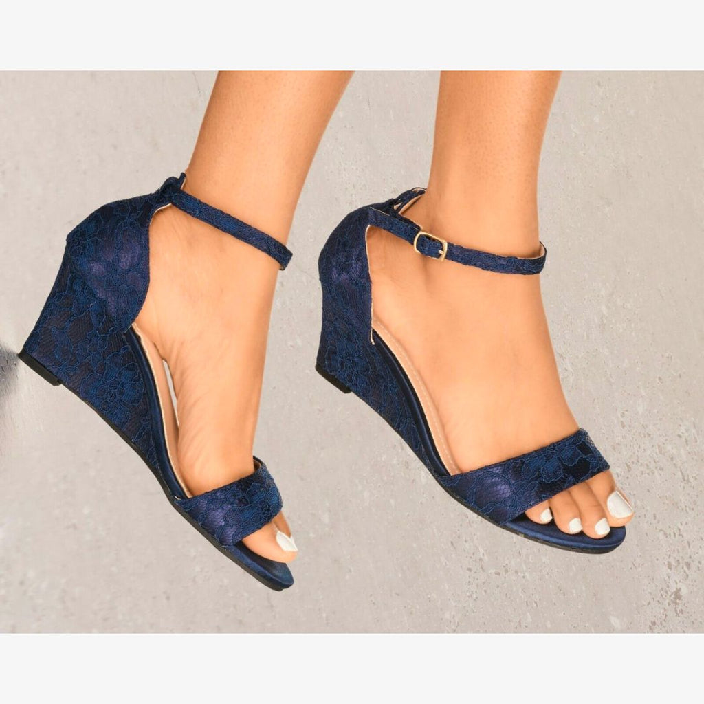 LADIES LACE EMBELLISHED LOW MID WEDGE HEEL PEEP TOE STRAPPY SANDAL SHOES 3-8