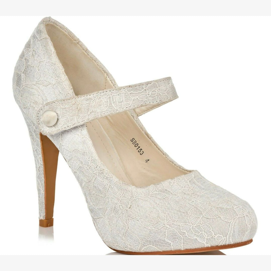 LADIES IVORY LACE EMBELLISHED HIGH HEEL MARY JANE WEDDING BRIDAL COURT SHOES