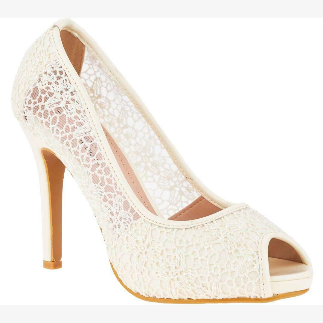LADIES LACE EMBELLISHED HIGH HEEL PEEP TOE SHOES PUMPS EVENING DRESS HEELS