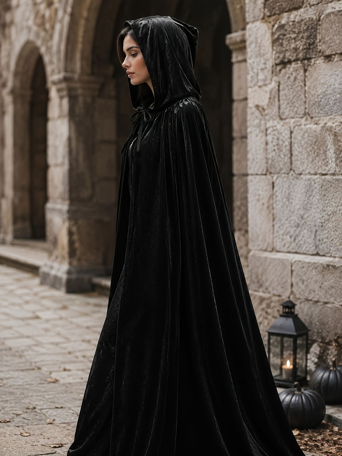 Black Velvet Cape Hooded Cape Cosplay Cape Halloween Costume Cape Party Cape - Black - Size XL