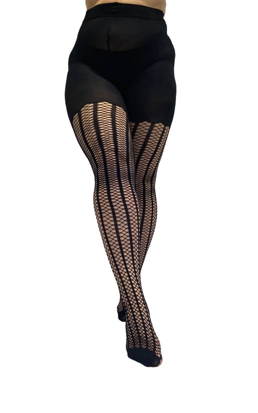 Vertical Stripe Fishnet Tights Curvy Super Stretch